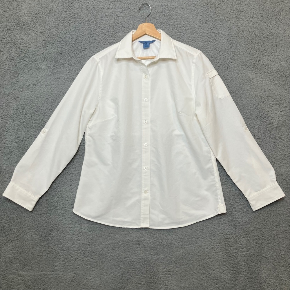 Duluth Trading Button Up Shirt Women M White Ripstop Vented Roll Tab Long Sleeve